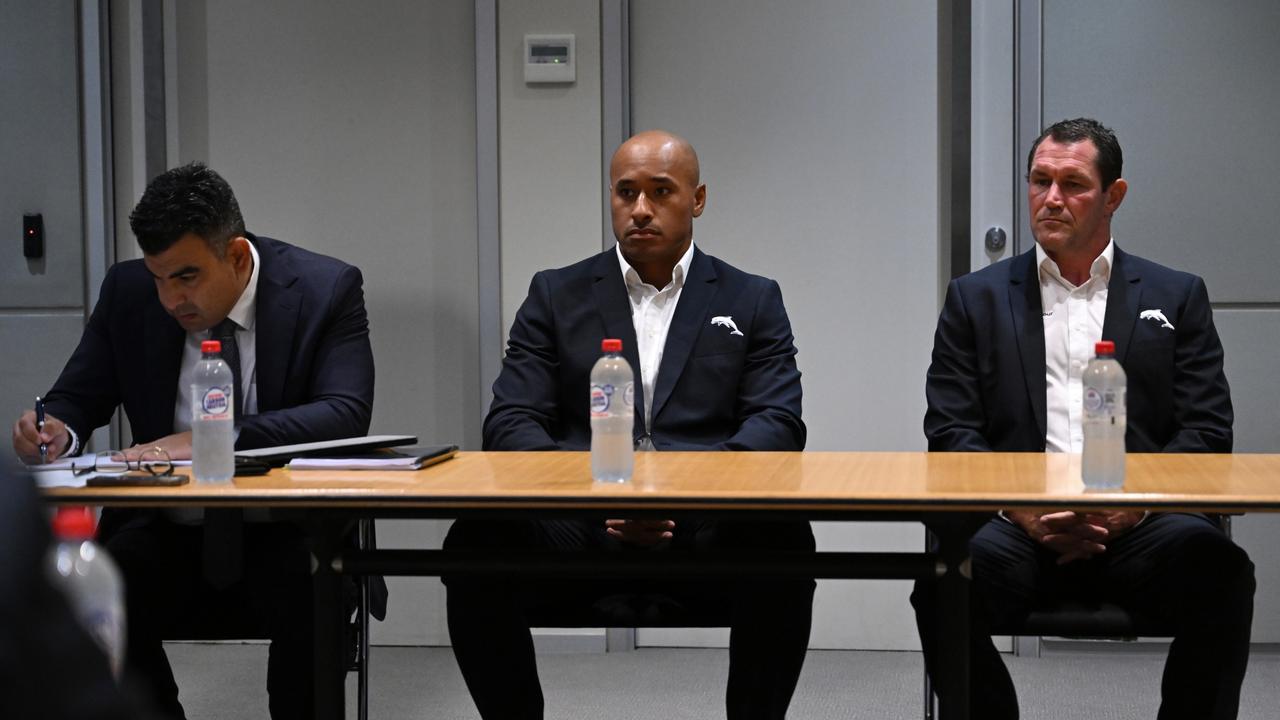 Dolphins forward Felise Kaufusi at the NRL judiciary with assistant coach Kristian Woolf (right) and lawyer Nick Ghabar (left). Picture: NRL Photos.