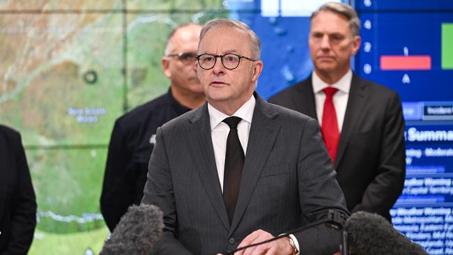 Anthony Albanese at a press conference with Richard Marles in Barton, Canberra. Picture: Martin Ollman/NewsWire