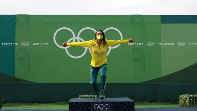 Fox celebrates on the medal dais in Japan. Picture: Getty Images