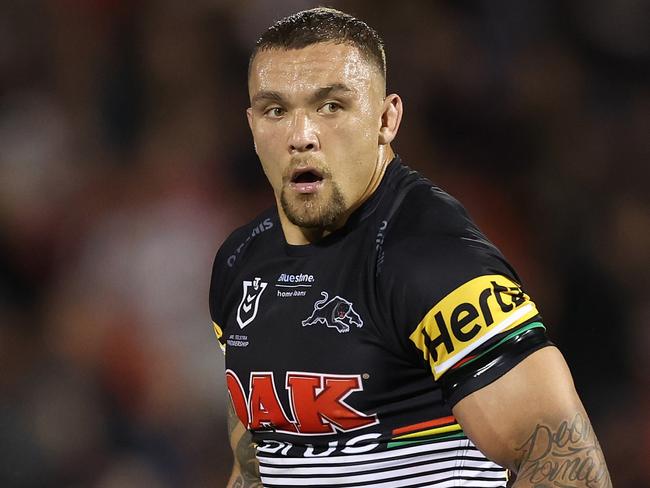 PENRITH, AUSTRALIA - AUGUST 26: James Fisher-Harris of the Panthers looks on during the round 24 NRL match between the Penrith Panthers and the New Zealand Warriors at BlueBet Stadium, on August 26, 2022, in Penrith, Australia. (Photo by Mark Metcalfe/Getty Images)
