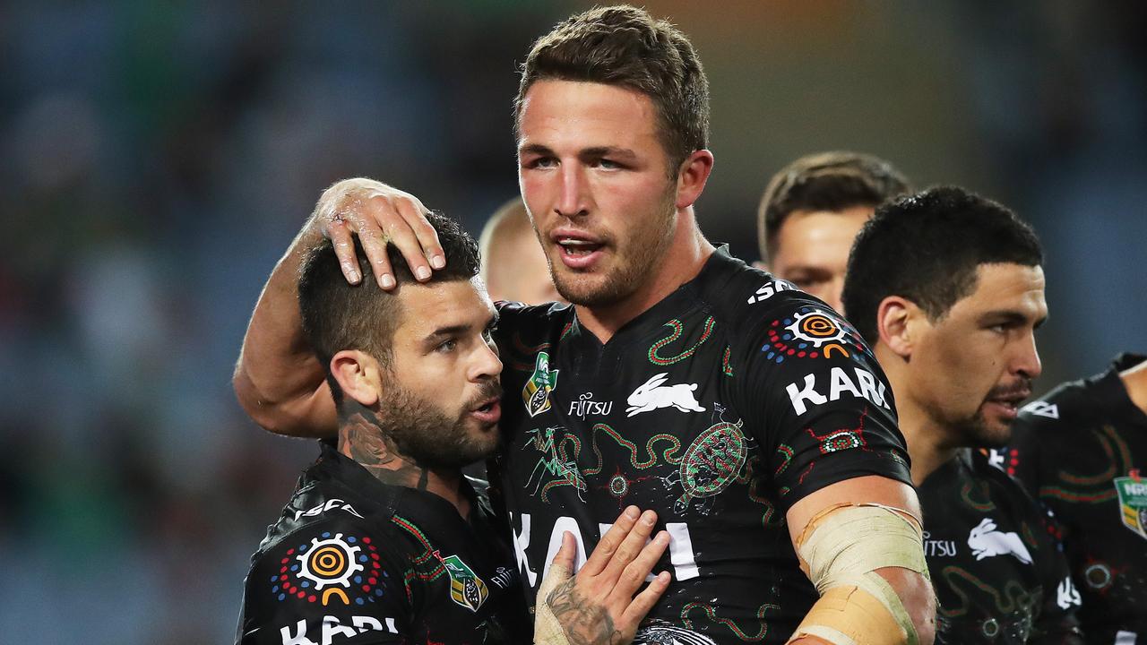 Adam Reynolds celebrates a try with Sam Burgess. Picture: Phil Hillyard