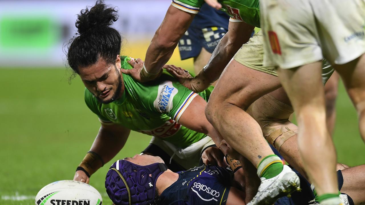 Jahrome Hughes was knocked out by Canberra’s Corey Harawira-Naera.