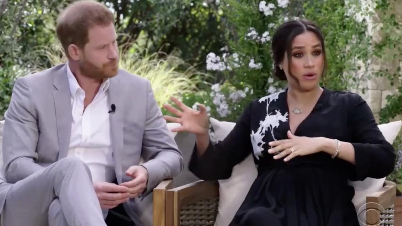 Harry and Meghan during their interview with Oprah Winfrey. Picture: CBS