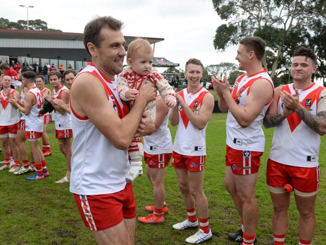 MPNFL Division 2: Karingal v Crib Point, 300th game for Luke Van Raay at Ballam Park, Frankston. The Bulls kicked 8 goals in the first term with Van Raay starting forward and booting two himself.Picture: AAP/ Chris Eastman