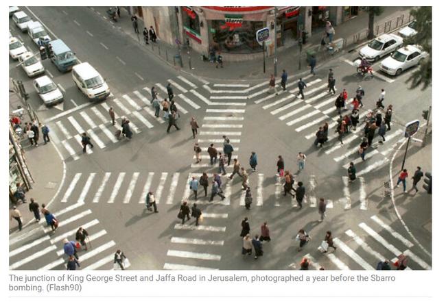 Izz al-Din Shuheil al-Masri was supposed to detonate his bomb in the middle of this intersection in downtown Jerusalem. Instead he chose to go into the Sbarro pizzeria, which overlooked the crossing. Had he released the bomb on the intersection, Malki Roth may be alive today.