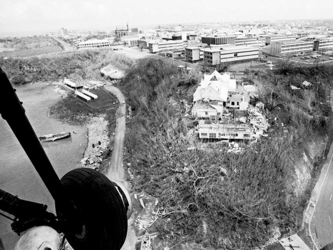 An aerial from a Australian Navy helicopter of Darwin city, with Government House in view after Cyclone Tracy which struck Darwin on Christmas eve, 25th December 1974. Image date circa December 1974