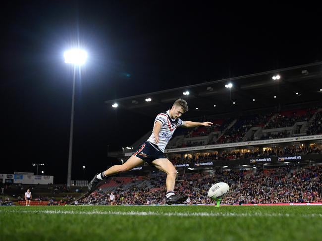 Sam Walker attempts a conversion for the Roosters. Picture: NRL Photos