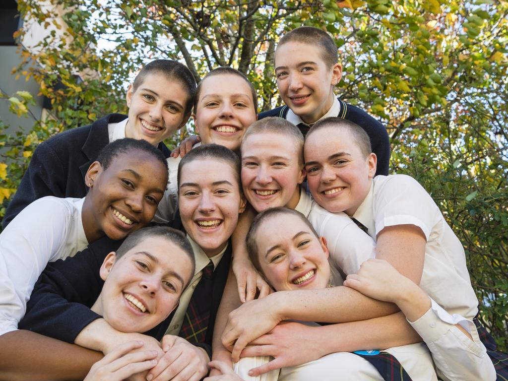 The Fairholme College Year 12 cohort has raised nearly $70,000 with their Shave for a Cure 2023 campaign students who shaved were (back, from left) Lara Palmer, Maeve Toombes, Lilly Biernoff, (middle row, from left) Ruva Maphosa, Amelia O'Dea, Abigail Crocker, Bridie Worland, Isabelle Watts (front, left) and Bianca Wilson (absent is Maddie Seawright), Friday, May 26, 2023. Picture: Kevin Farmer