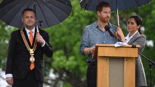 Cr Shields (pictured with Prince Harry and Meghan Markle in 2018), 40, was found unconscious at his home in Dubbo on Thursday, April 1, and placed on life support at Dubbo Base Hospital. Picture: Facebook