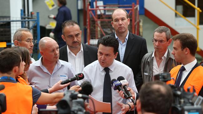 Nick Xenophon with key auto component manufacturers at Precision Automotive following the Holden plant closure announcement.