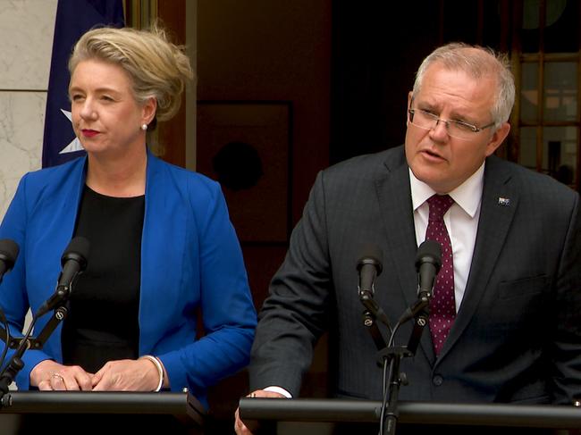 Nationals deputy leader Bridget McKenzie and Prime Minister Scott Morrison speak to the media. Picture: AAP