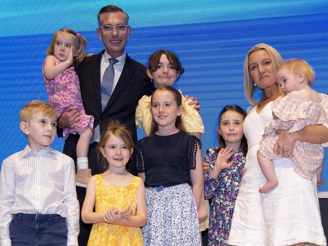 Premier Dominic Perrottet with his wife and children at the Liberal launch on Sunday. Picture: NewsWire/Monique Harmer