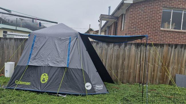 The four man tent in a Risdon Vale backyard that has been advertised to rent for $125 per week for one person with no bills. Picture: supplied