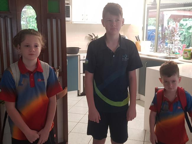 Isla, 10, Angus, 13, and Isaac, 5, ready to go their separate ways at school