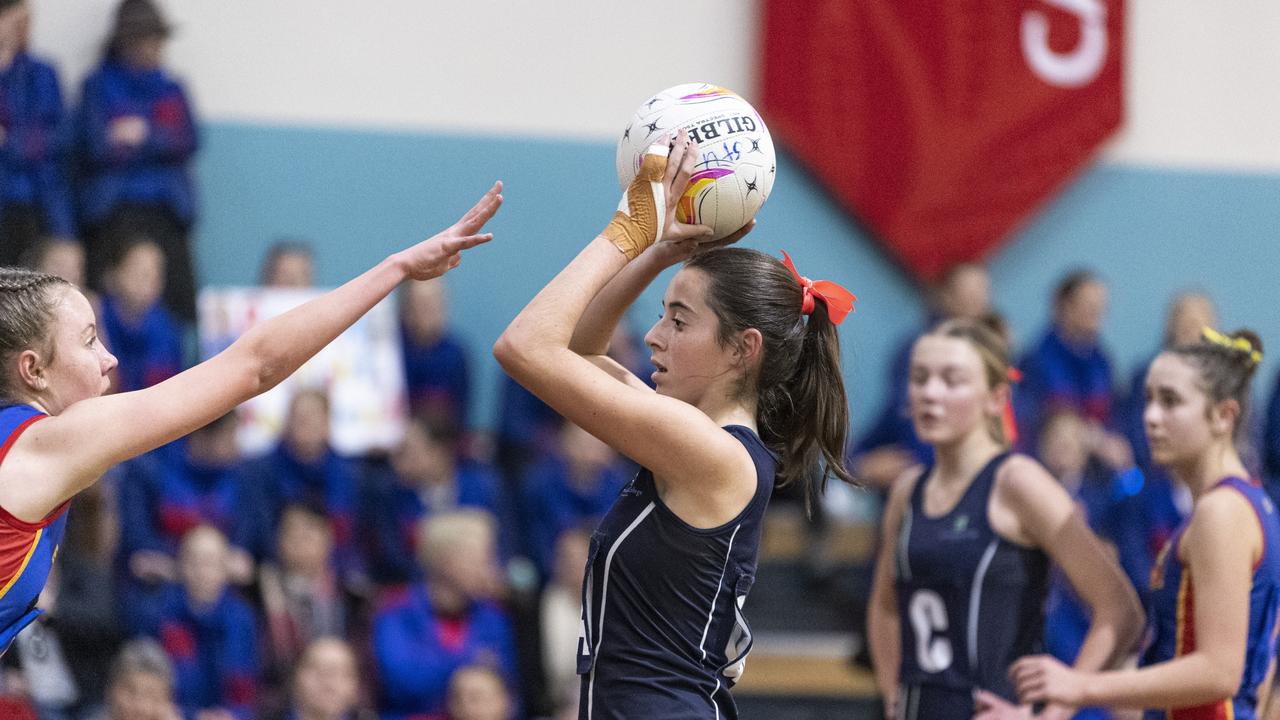 Charlotte James of St Ursula's Junior A against Downlands Junior A in Merici-Chevalier Cup netball at Salo Centre, Friday, July 19, 2024. Picture: Kevin Farmer