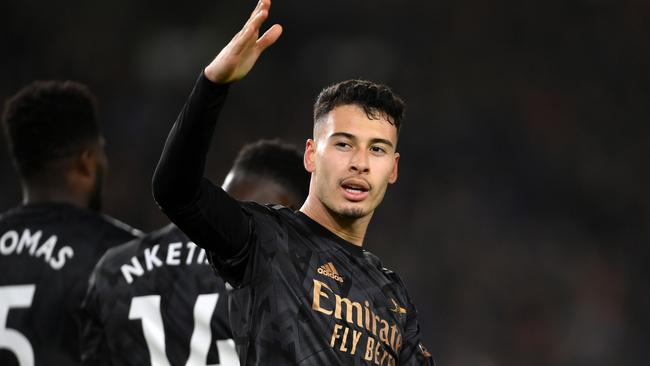 BRIGHTON, ENGLAND - DECEMBER 31: Gabriel Martinelli of Arsenal celebrates after scoring the team's fourth goal during the Premier League match between Brighton &amp; Hove Albion and Arsenal FC at American Express Community Stadium on December 31, 2022 in Brighton, England. (Photo by Mike Hewitt/Getty Images)