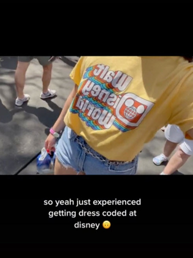 Cannella was gifted a complimentary Walt Disney tee to wear over her not-safe-for-park apparel. Picture: TikTok/@toragrams