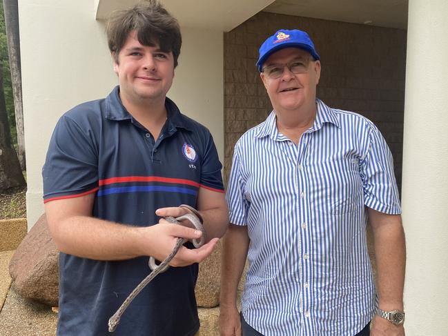 Katherine High School teacher Thomas Hennessey and Oenpelli python researcher Dr Gavin Bedford. Picture: Sierra Haigh