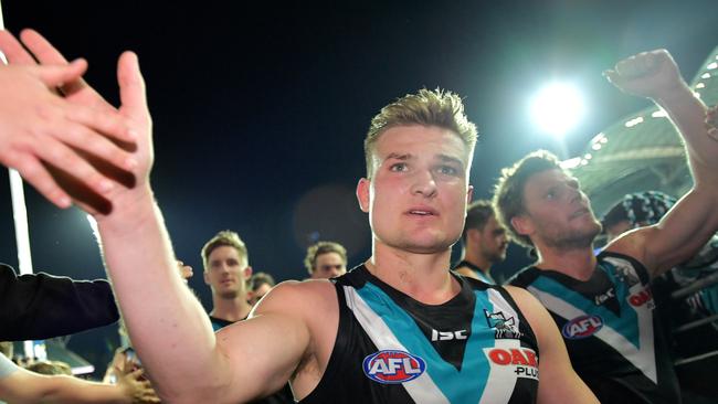 Port Adelaide’s Ollie Wines will face the Western Bulldogs in Ballarat after escaping suspension for a bump on Collingwood’s Tom Langdon in Round 21 at Adelaide Oval. Picture: AAP Image/David Mariuz.