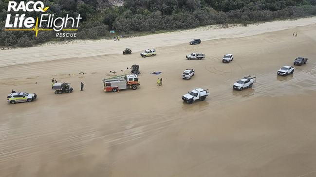 A French man is dead and four others were injured in a single-vehicle rollover near the Teewah Beach campground on November 26. Picture: Lifeflight Rescue