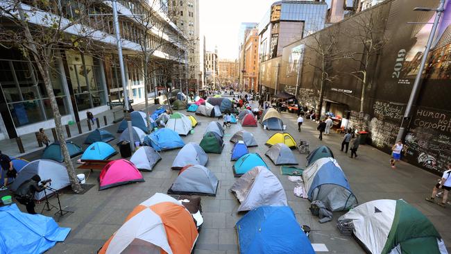 Yesterday tent city’s population swelled by more than a dozen. Picture: Richard Dobson