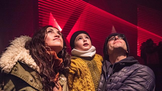 Carolina and Andrea Comini, of Lenah Valley, and son Dante marvelled at <i>Leviathan</i> at Dark Park. Picture: Alastair Bett