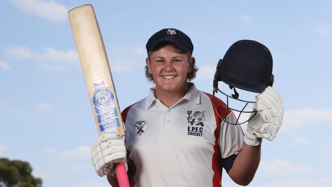 Eastern Park cricketer Bailey Thompson smashed 110 runs off 32 balls during an under-12 game on Friday, breaking a club record. Picture: Emma Brasier.