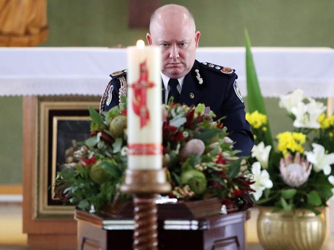 NSW RFS Commissioner Shane Fitzsimmons prepares to address the funeral for off duty Belowra RFS firefighter Colin Burns. Picture: Tim Hunter.