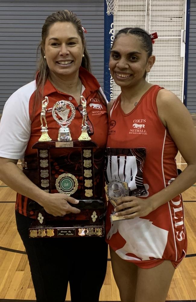 Colts Divas coach Carmen Anderson with player Zeckeisha Oakley after their A-grade netball grand final win.