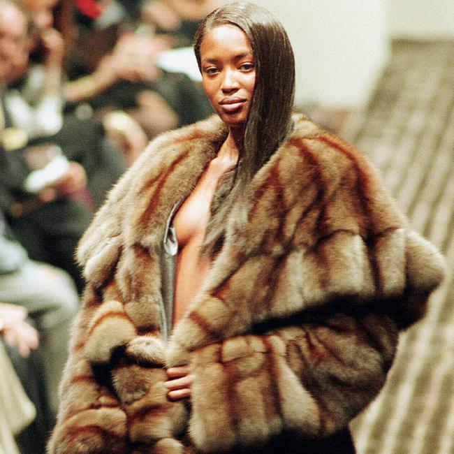 British top model Naomi Campbell wears a Russian sable real fur at the unveiling of the Fendi collection for the Fall/Winter 1997-98 in Milan in 1997. Picture: AP Photo/Luca Bruno