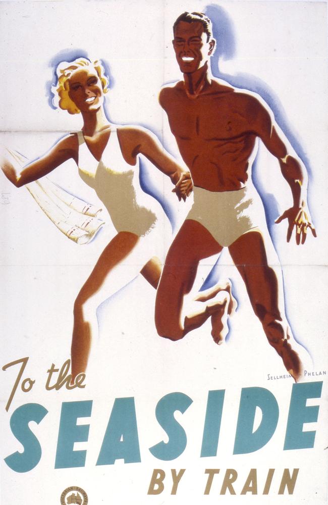 Artist Gert Sellheim’s 1935 poster featured bronzed Aussies on the beach. Public Record Office Victoria Image citation VPRS 12903-p00001-BOX610-4