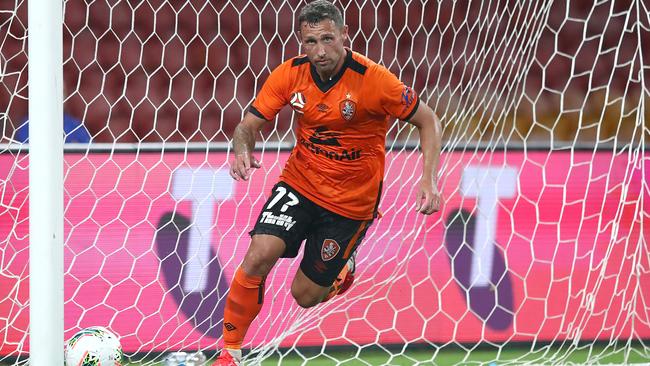 Brisbane’s Scott McDonald scores his second goal of the night against Western Sydney at Suncorp Stadium. Picture: Getty Images