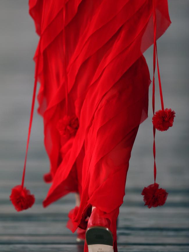 Ribbons! A model walks the runway during the Lee Mathews show at Australian Fashion Week 2025 at Carriageworks on May 13, 2025 in Sydney, Australia. (Photo by Jason McCawley/Getty Images)