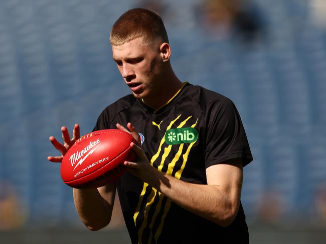 Tall Tiger Tom Sims is on the bubble this week. Picture: Morgan Hancock/AFL Photos/via Getty Images