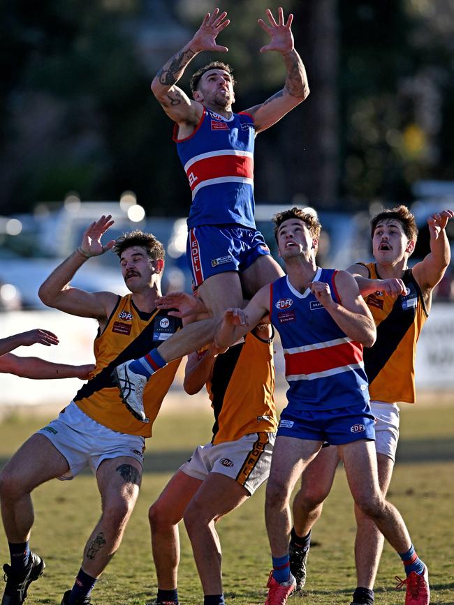 EDFL: Keilor’s Jesse Wallin attempts a screamer. Picture: Andy Brownbill