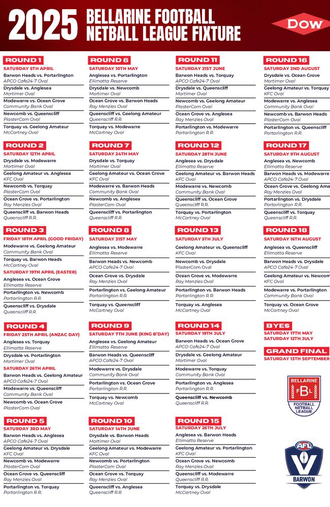 2025 fixture for Bellarine Football Netball League. Picture: AFL Barwon