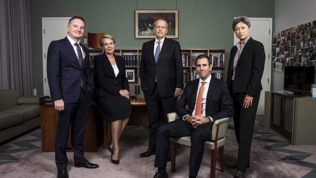 The picture of Labor’s leadership team is being ridiculed on social media. Picture: Dominic Lorrimer