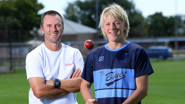 Westminster and Sturt spinner Seb Young pictured with his dad Brad, who played for Australia. Picture: Mark Brake