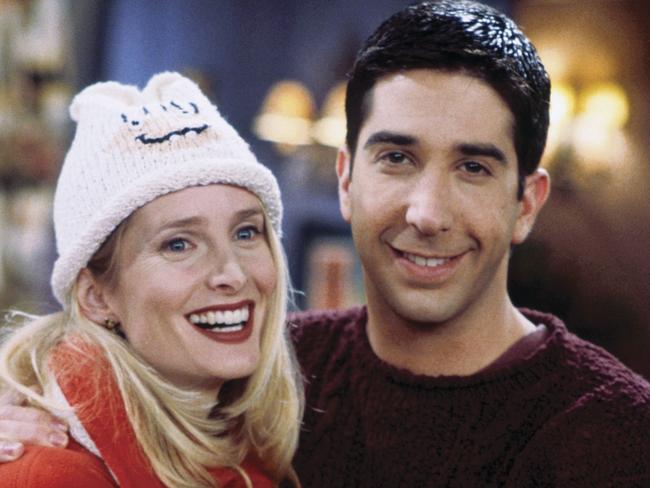 Jane Sibbett (Carol) and David Schwimmer (Ross) in the television series 'Friends'.