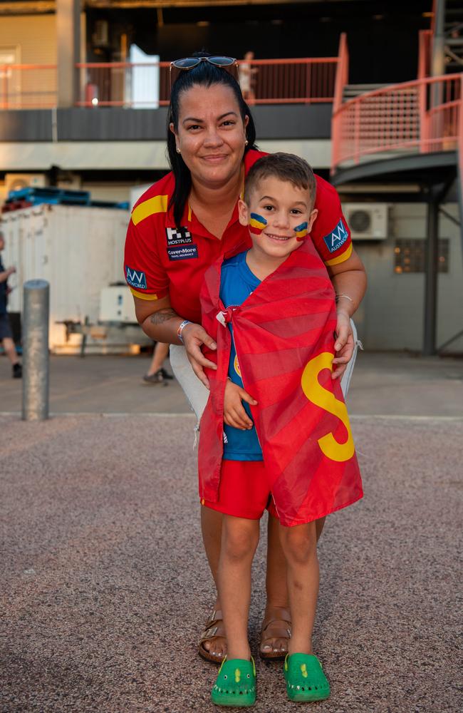 Megan Hayes and Jayden Fraunefelder at the Gold Coast Suns vs Geelong Cats Round 10 AFL match at TIO Stadium. Picture: Pema Tamang Pakhrin