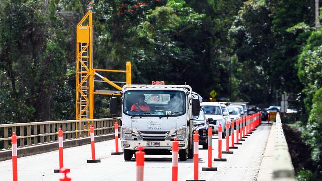 The former government announced $450m to fund a new bridge for the Kennedy Highway over the Barron River near the Tablelands town of Kuranda. Traffic has been reduced to a single lane of traffic intermittently on the existing bridge since a load limit was introduced in 2019. Picture: Brendan Radke