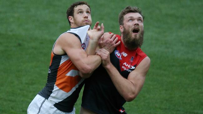 Max Gawn battled Shane Mumford during one of his nine games in the 2014 season. Picture: George Salpigtidis