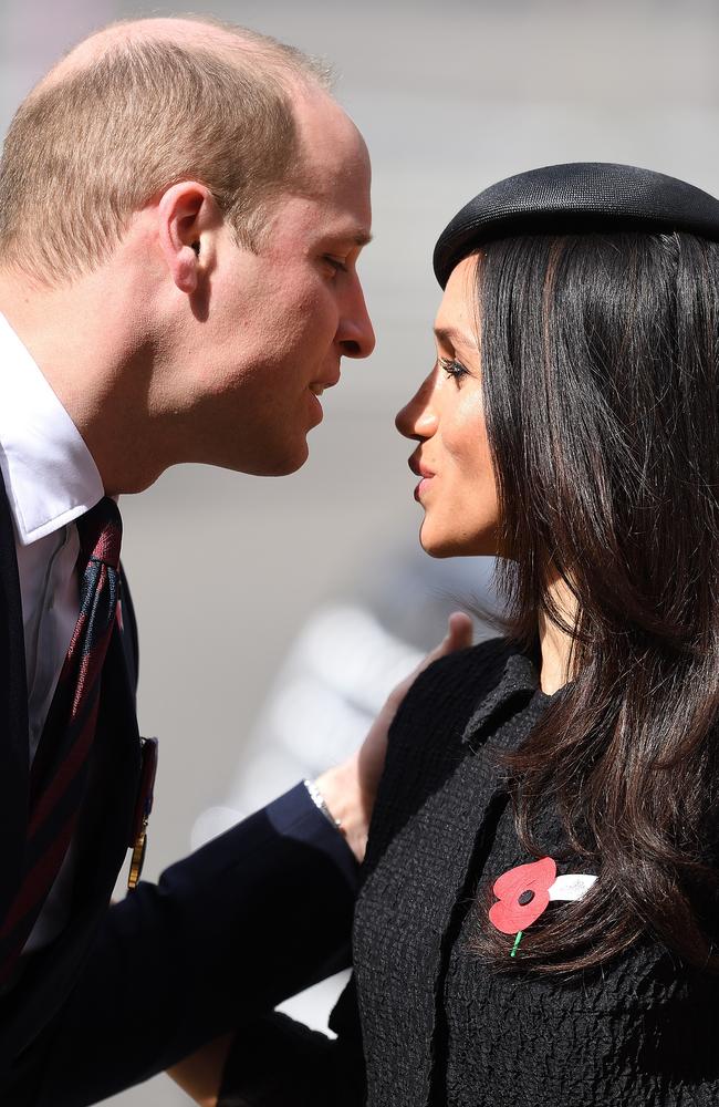 The Duke of Cambridge, Prince Harry and Meghan Markle attend an Anzac Day Service of Commemoration and Thanksgiving at Westminster Abbey. Picture: James Whatling / MEGA