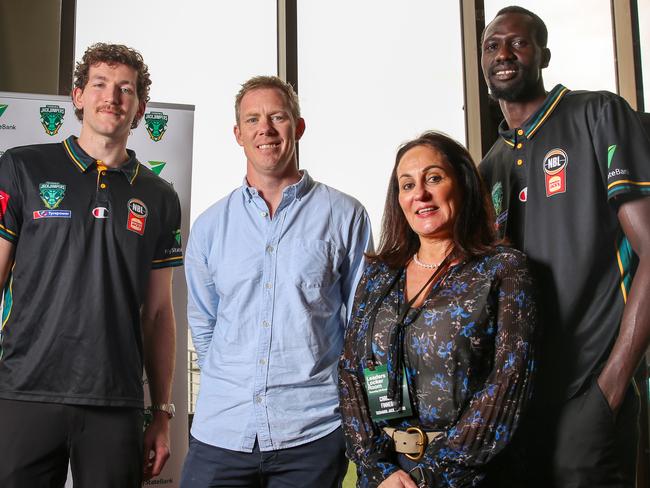 JackJumpers players Will Magnay and Majok Deng with Richmond AFL legend Jack Riewoldt and Tasmania chief executgive Christine Finnegan. Picture: Linda Higginson/Solstice Digital