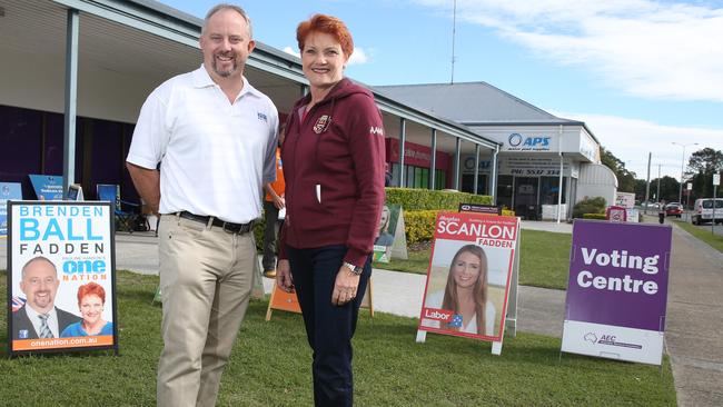 One Nation leader Pauline Hanson with Broadwater candidate Brenden Ball. Photo: Regi Varghese