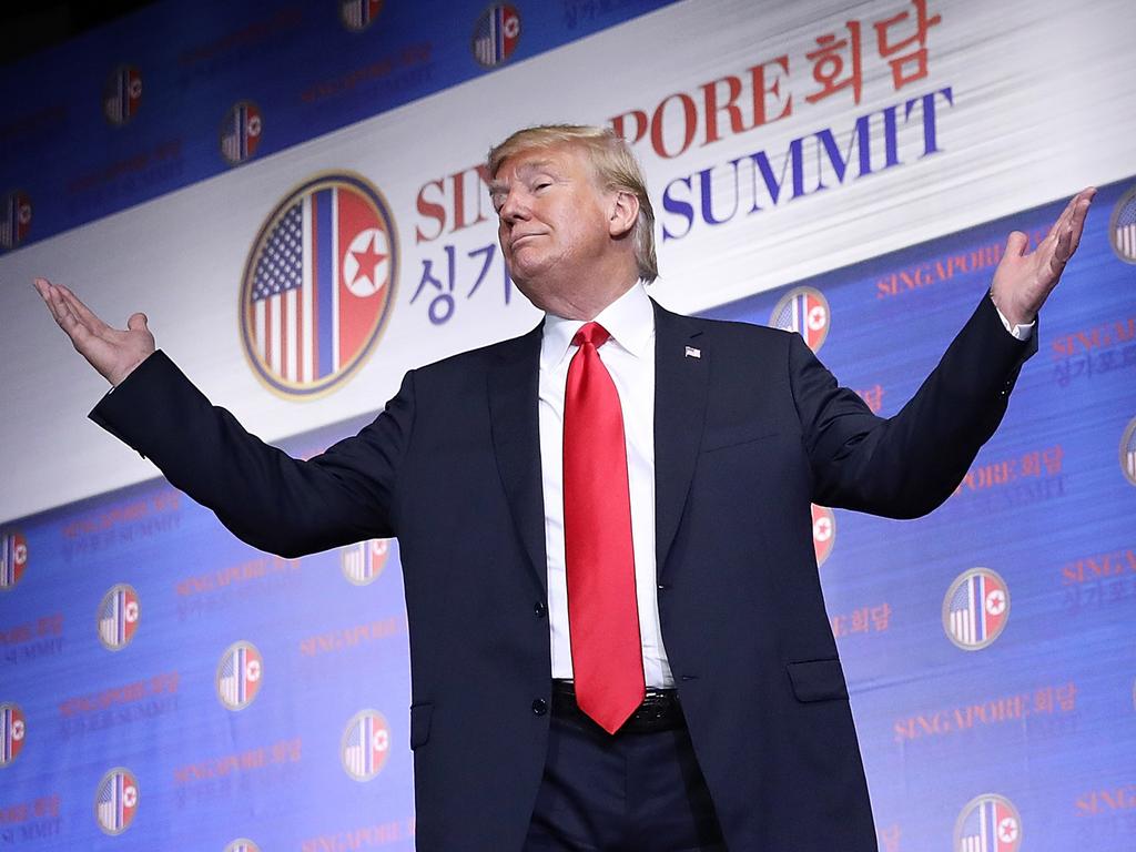 U.S. President Donald Trump answers a final question while departing a press conference following his historic meeting with North Korean leader Kim Jong-un June 12, 2018 in Singapore. Picture: Win McNamee/Getty Images