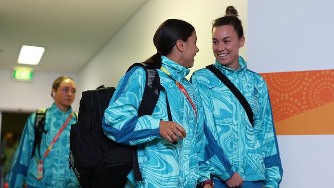 Sam Kerr and Mackenzie Arnold oarrive at Stadium Australia for the semi-final. Picture: Elsa - FIFA via Getty Images)