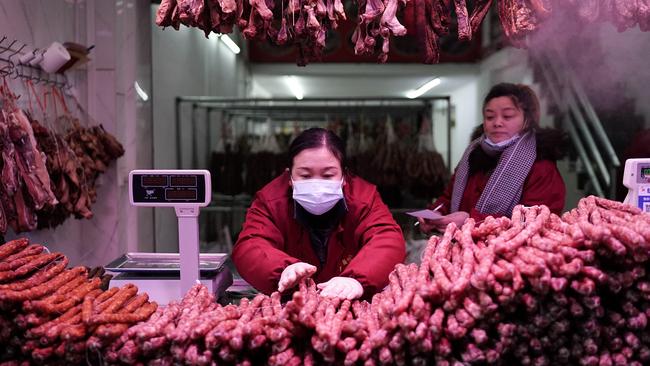 Sausages for sale for the Chinese Spring Festival in Wuhan on Friday. Picture: Getty Images