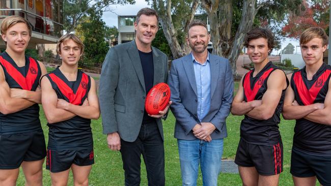 Rostrevor First XVIII players (L-R) Charles Kemp and Tyson Walls with ex-AFL great Luke Darcy, Matt Wadewitz, Rostrevor skipper Jayden Gale and Beau Baldwin. Picture: Supplied by Laura Syme