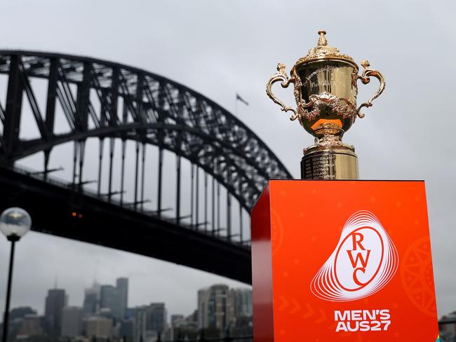 SYDNEY, AUSTRALIA - JANUARY 30: The Webb Ellis Cup during a media opportunity as World Rugby announce the host cities for Men's Rugby World Cup Australia 2027 at The Theatre Bar on January 30, 2025 in Sydney, Australia. (Photo by Brendon Thorne - World Rugby/World Rugby via Getty Images)